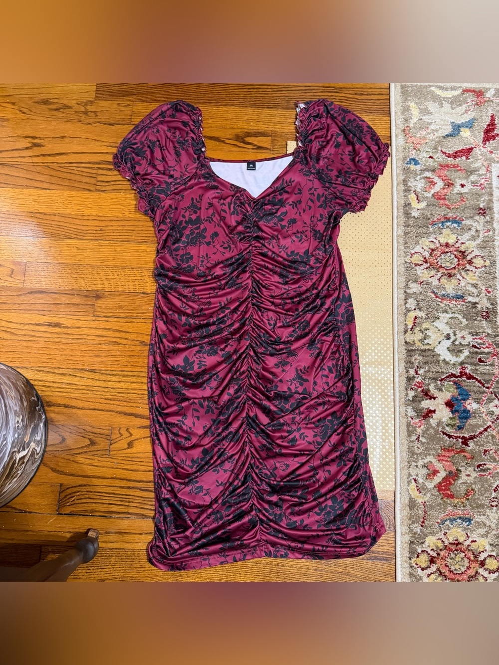 Burgundy & Black Floral Ruched Bodycon Dress - 2XL